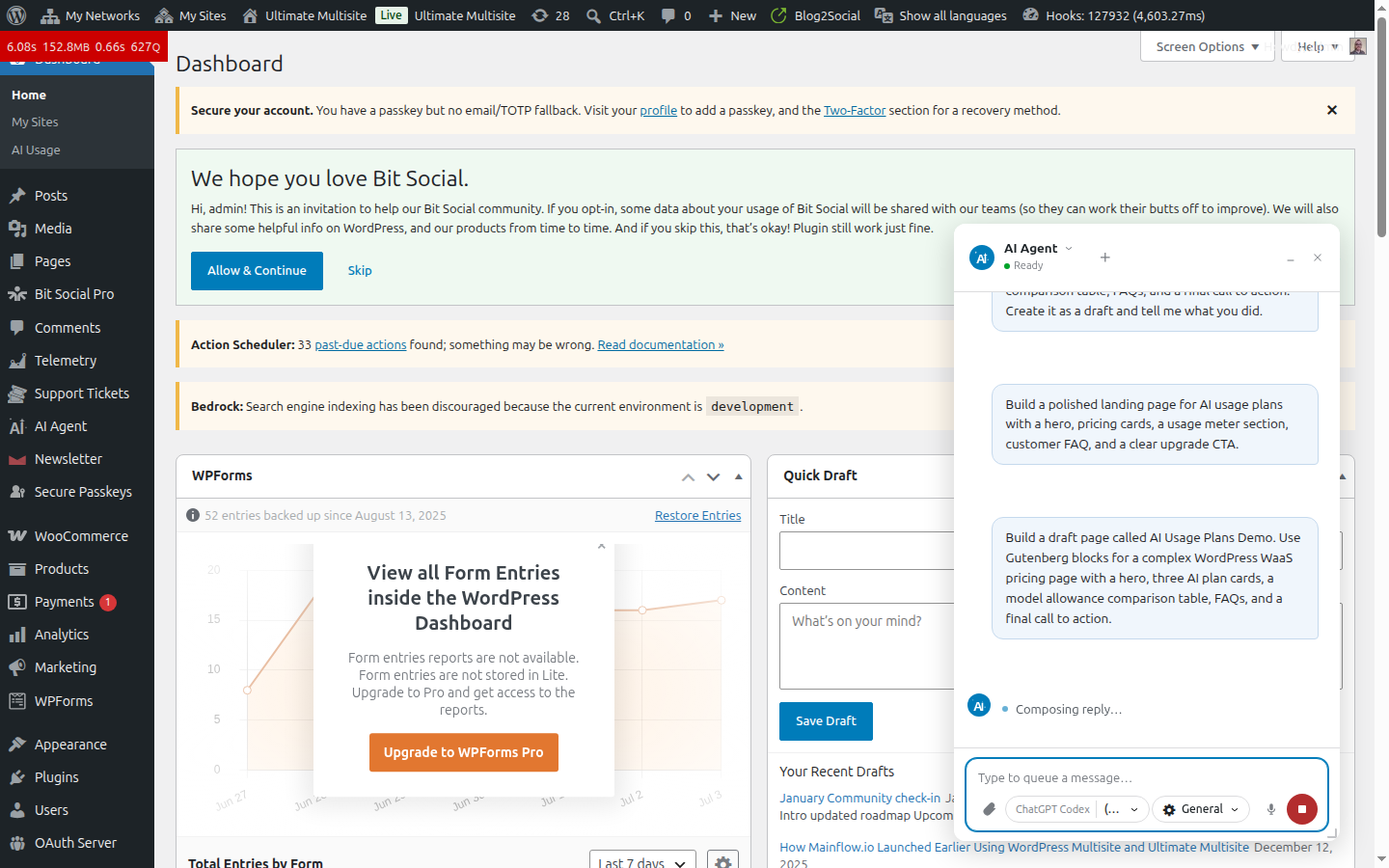 Superdav AI Agent composing a complex WordPress pricing page