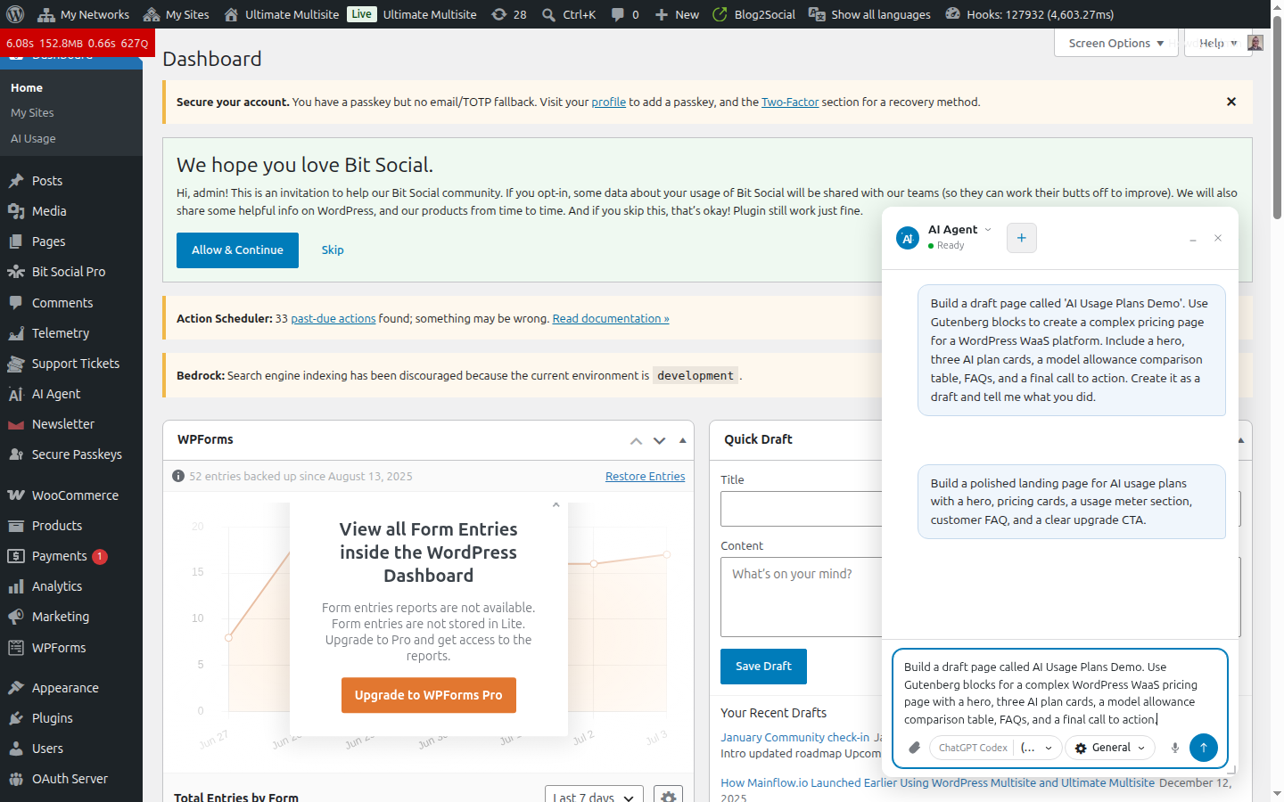 Superdav AI Agent prompt for building an AI usage plans page